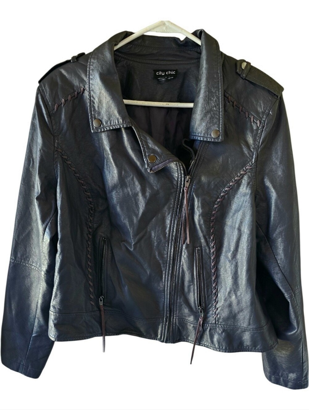 City Chic Whipstitch Biker Jacket Blue Faux Leather Moto Plus Size M